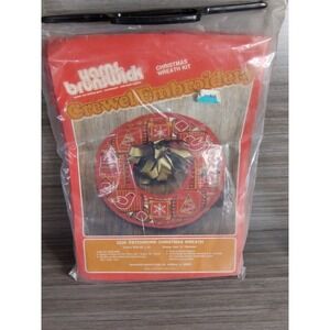 Vtg 70s Crewel Embroidery KIT Christmas Patchwork Wreath Red 19" NIP